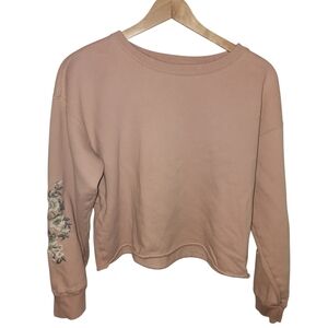 Abercrombie & Fitch A&F Pink Cropped Sweatshirt with Floral Embroidered Arms S